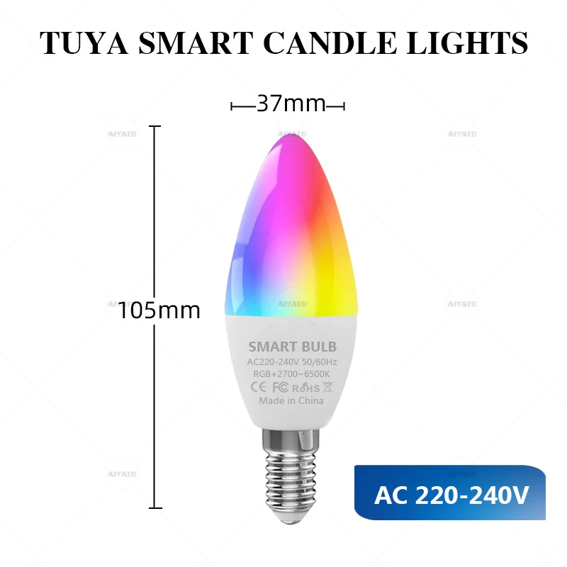 Tuya E27 E14 Base EU Standard Wifi Candle Light Bulb Bluetooth RGBCW Lamps 220V Alexa Google Home Voice Control Smart Life APP
