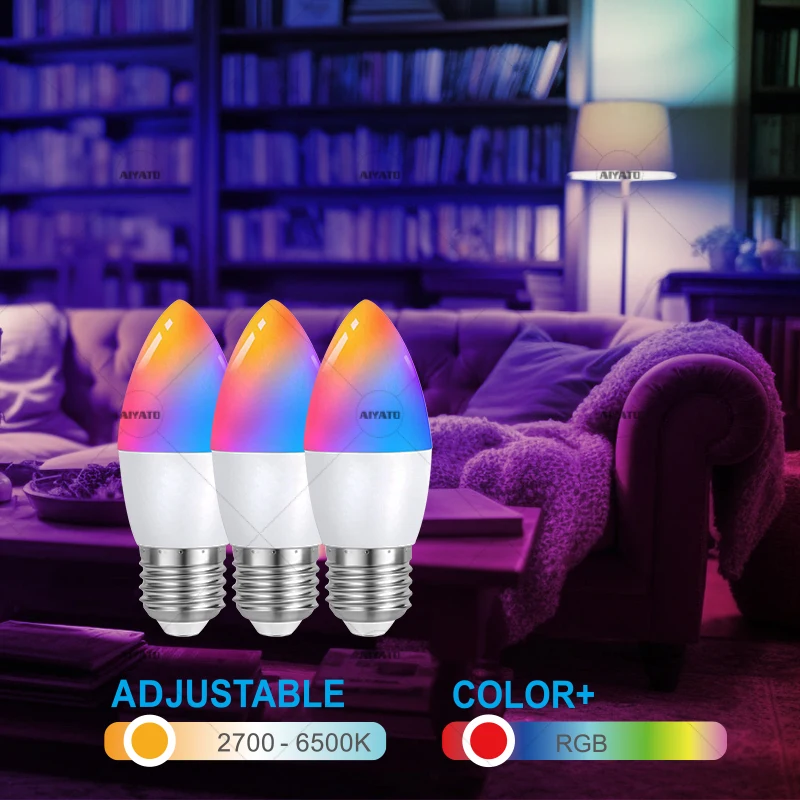 Tuya E27 E14 Base EU Standard Wifi Candle Light Bulb Bluetooth RGBCW Lamps 220V Alexa Google Home Voice Control Smart Life APP