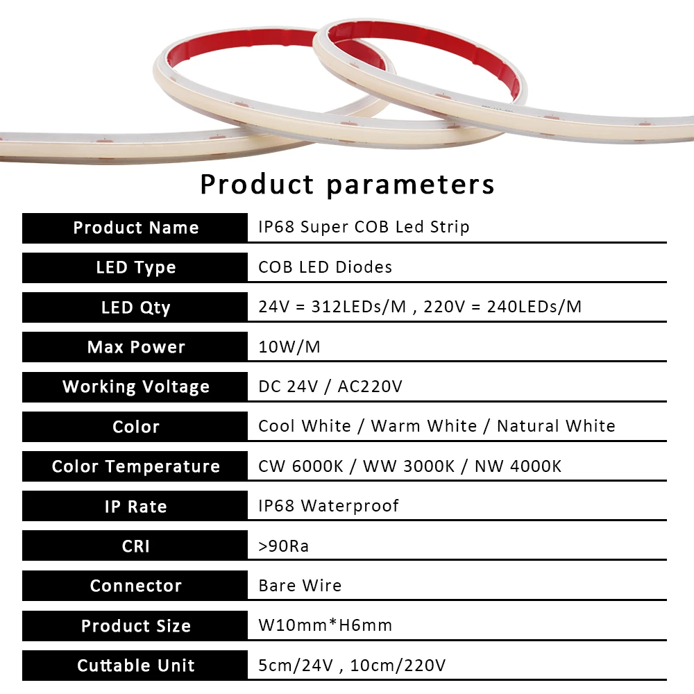 AC 220V IP68 Waterproof COB LED Strip Lights DC 24V Tape Lamp with 2Pin Wires 3000K 4000K 6000K Flexible Ribbon for Home Decor