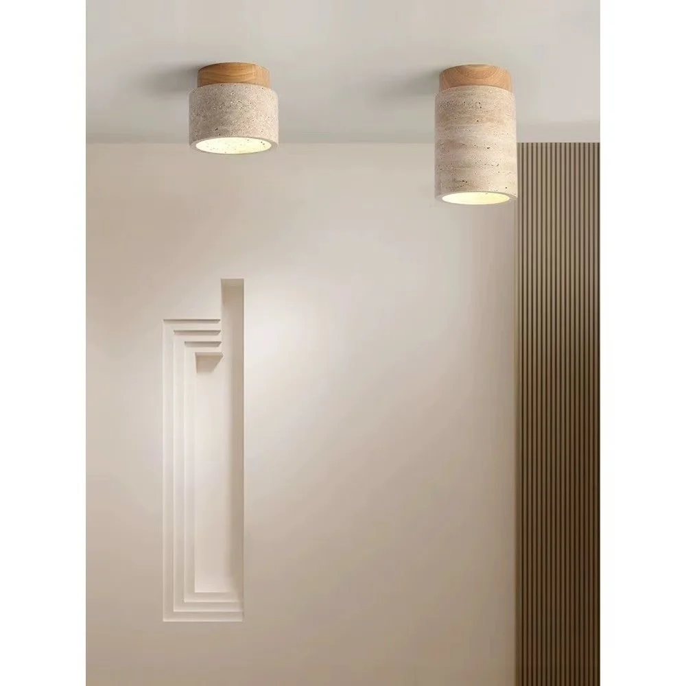 Yellow Travertine LED Ceiling Lamp Japanese Wooden Downlight Round Wood Light for Living Room Corridor Porch Balcony