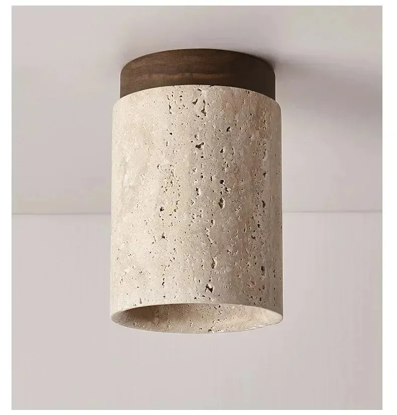 Yellow Travertine LED Ceiling Lamp Japanese Wooden Downlight Round Wood Light for Living Room Corridor Porch Balcony
