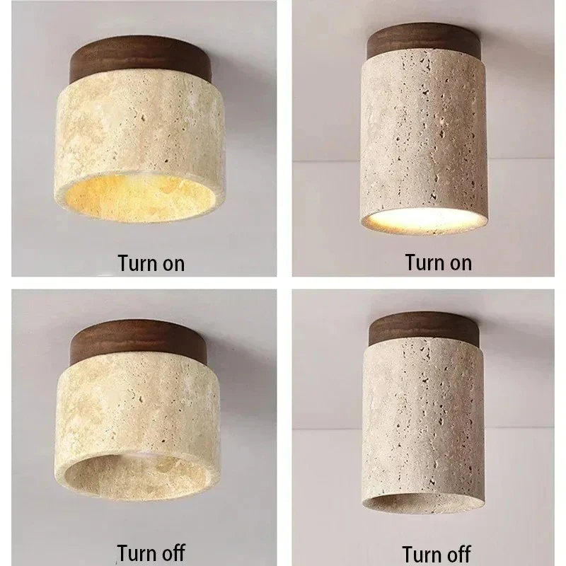 Yellow Travertine LED Ceiling Lamp Japanese Wooden Downlight Round Wood Light for Living Room Corridor Porch Balcony