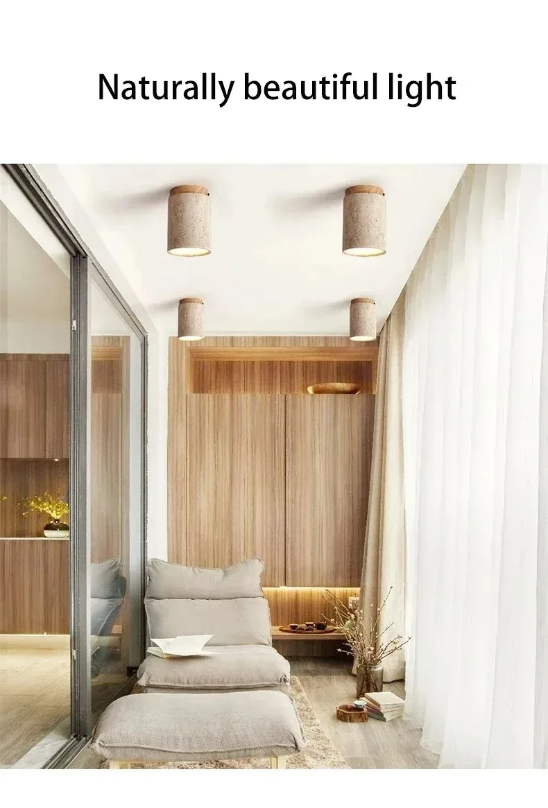 Yellow Travertine LED Ceiling Lamp Japanese Wooden Downlight Round Wood Light for Living Room Corridor Porch Balcony