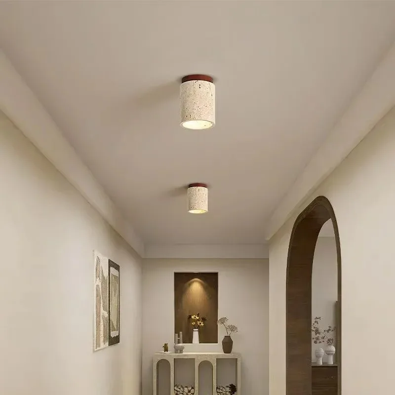 Yellow Travertine LED Ceiling Lamp Japanese Wooden Downlight Round Wood Light for Living Room Corridor Porch Balcony