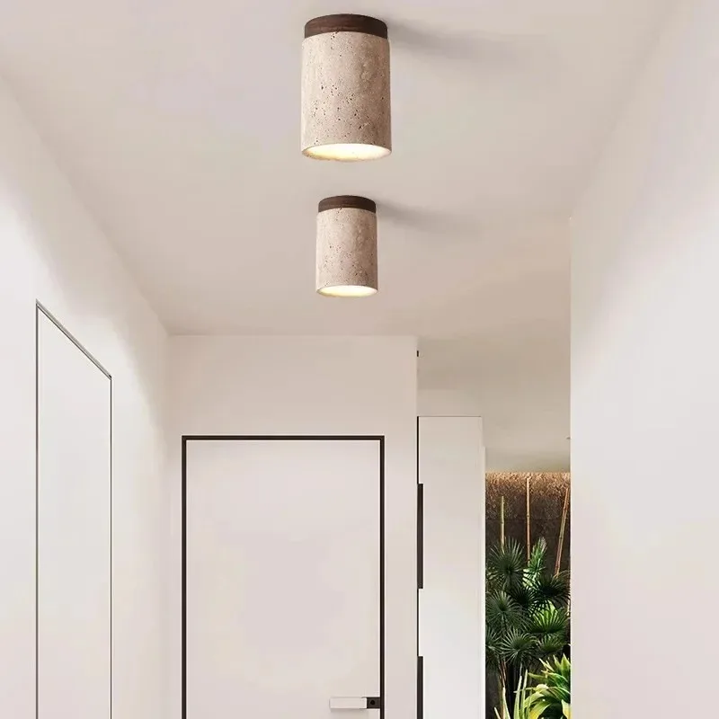 Yellow Travertine LED Ceiling Lamp Japanese Wooden Downlight Round Wood Light for Living Room Corridor Porch Balcony
