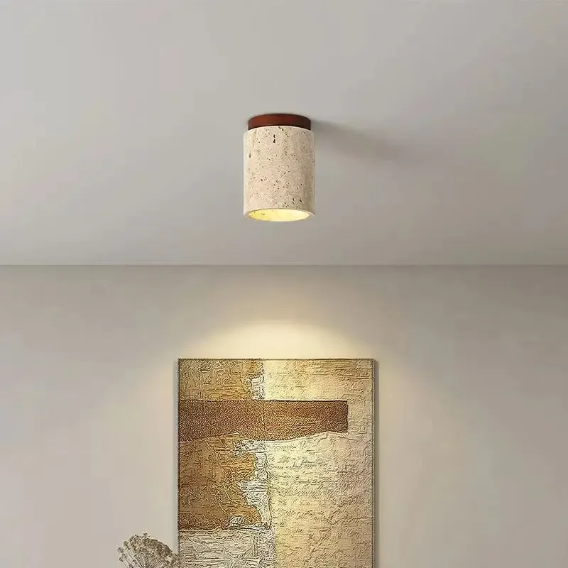 Yellow Travertine LED Ceiling Lamp Japanese Wooden Downlight Round Wood Light for Living Room Corridor Porch Balcony