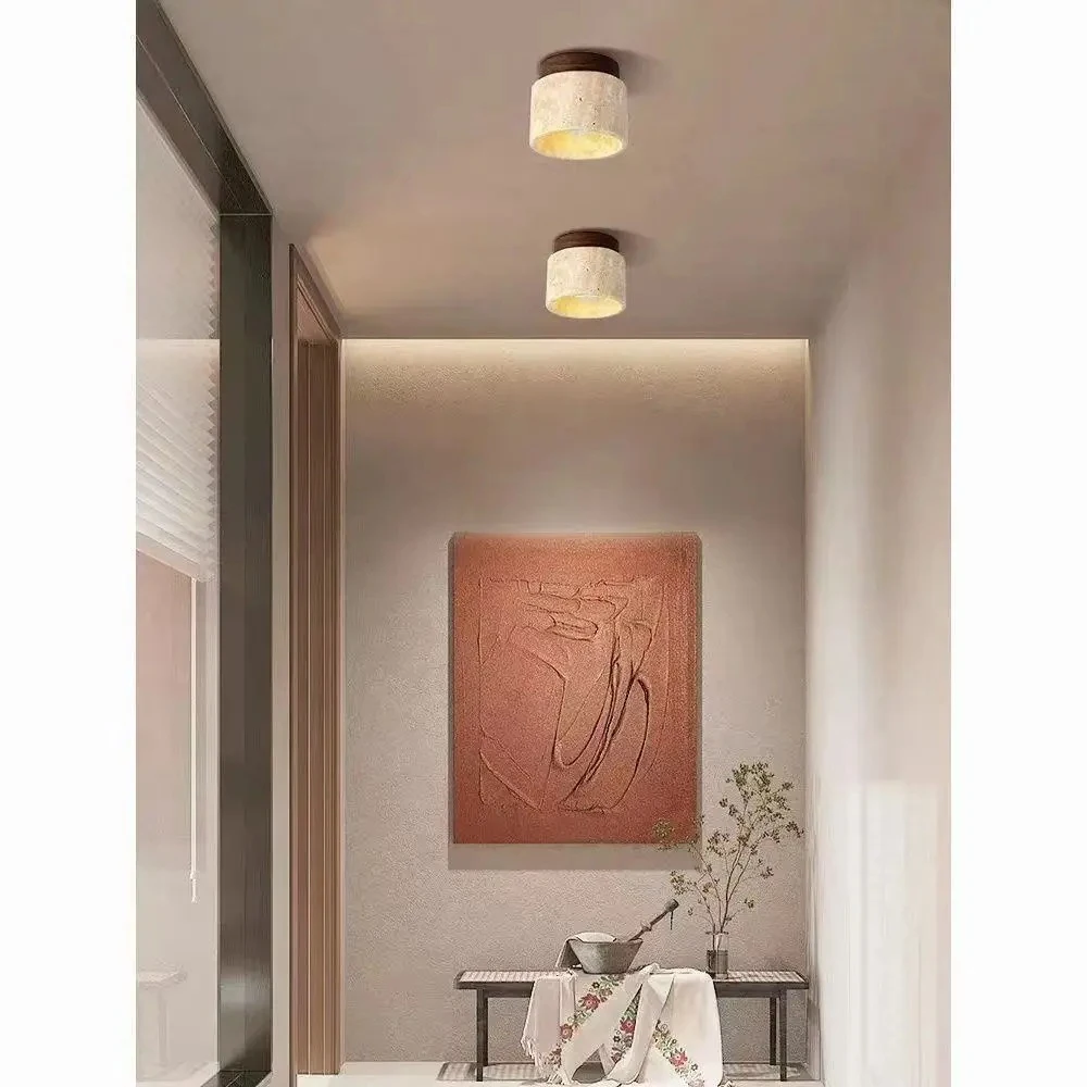 Yellow Travertine LED Ceiling Lamp Japanese Wooden Downlight Round Wood Light for Living Room Corridor Porch Balcony