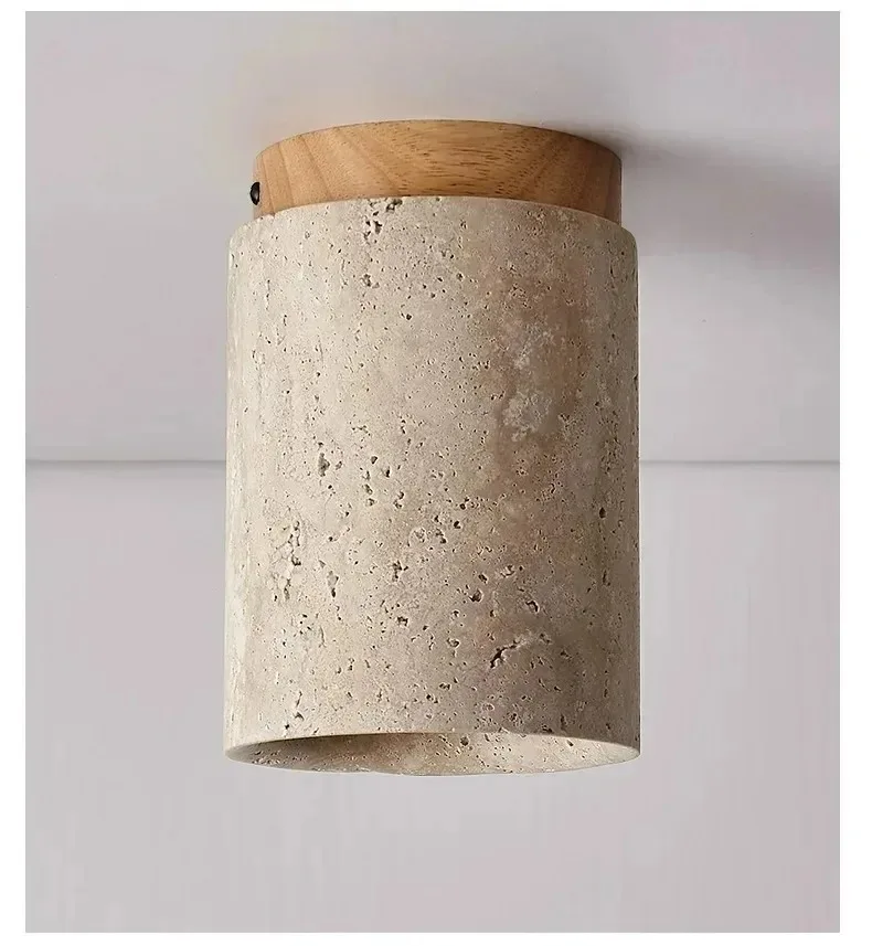 Yellow Travertine LED Ceiling Lamp Japanese Wooden Downlight Round Wood Light for Living Room Corridor Porch Balcony
