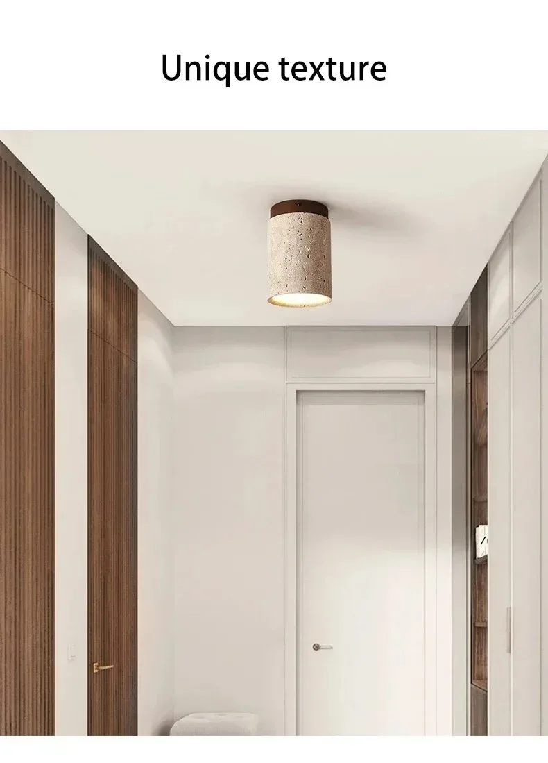 Yellow Travertine LED Ceiling Lamp Japanese Wooden Downlight Round Wood Light for Living Room Corridor Porch Balcony