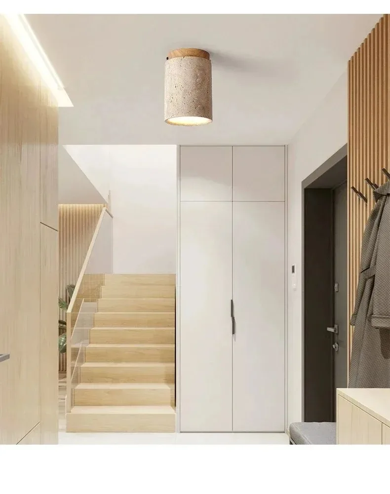 Yellow Travertine LED Ceiling Lamp Japanese Wooden Downlight Round Wood Light for Living Room Corridor Porch Balcony