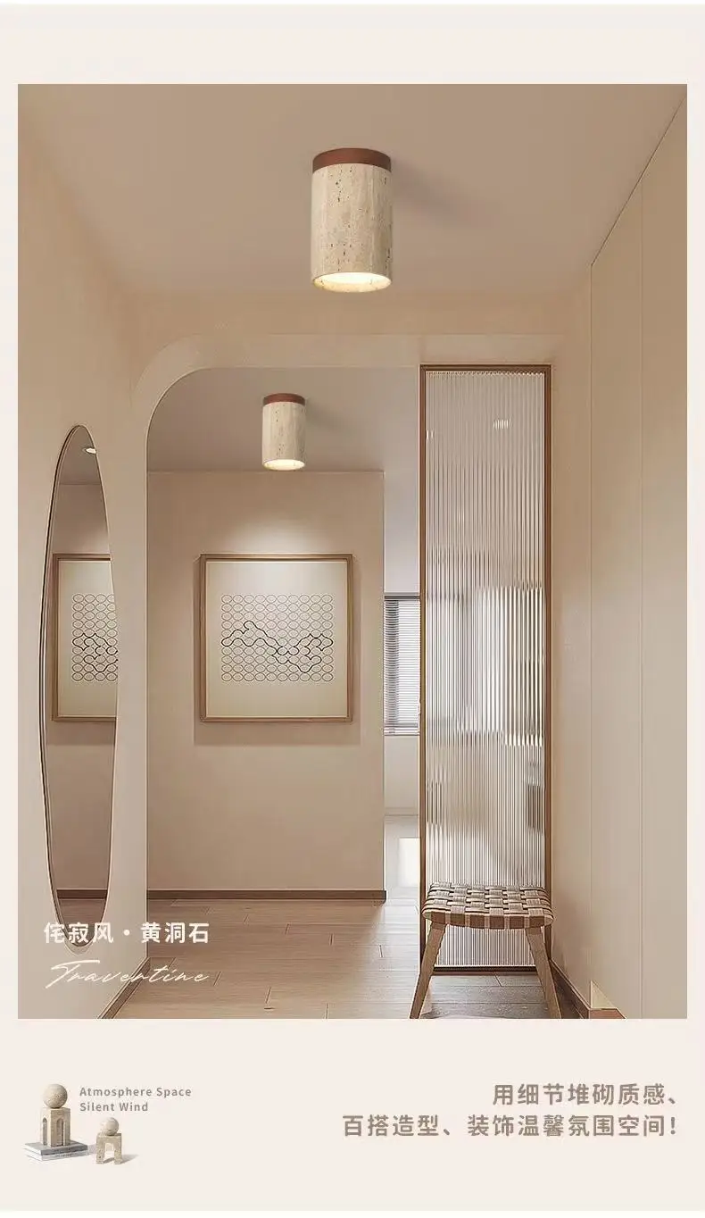 Yellow Travertine LED Ceiling Lamp Japanese Wooden Downlight Round Wood Light for Living Room Corridor Porch Balcony