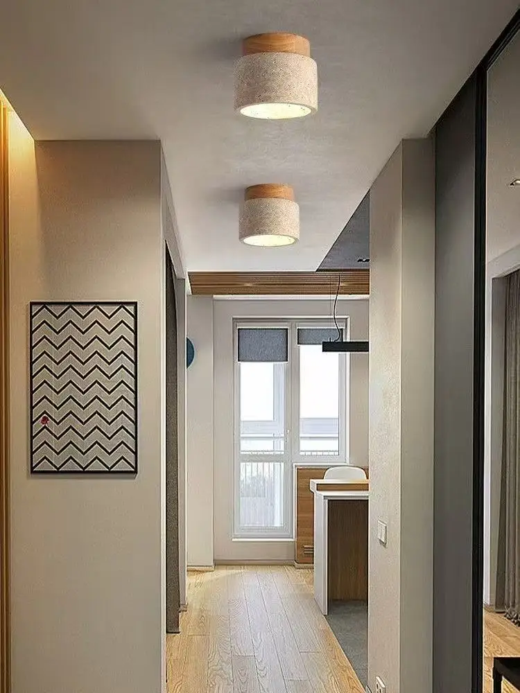 Yellow Travertine LED Ceiling Lamp Japanese Wooden Downlight Round Wood Light for Living Room Corridor Porch Balcony
