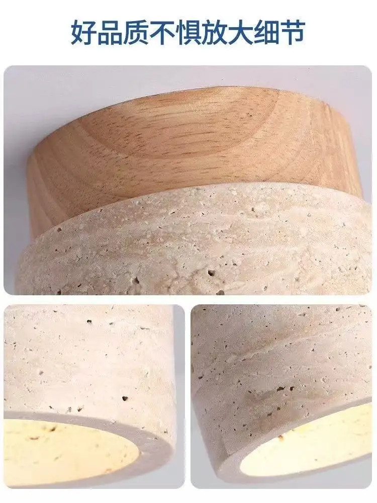 Yellow Travertine LED Ceiling Lamp Japanese Wooden Downlight Round Wood Light for Living Room Corridor Porch Balcony