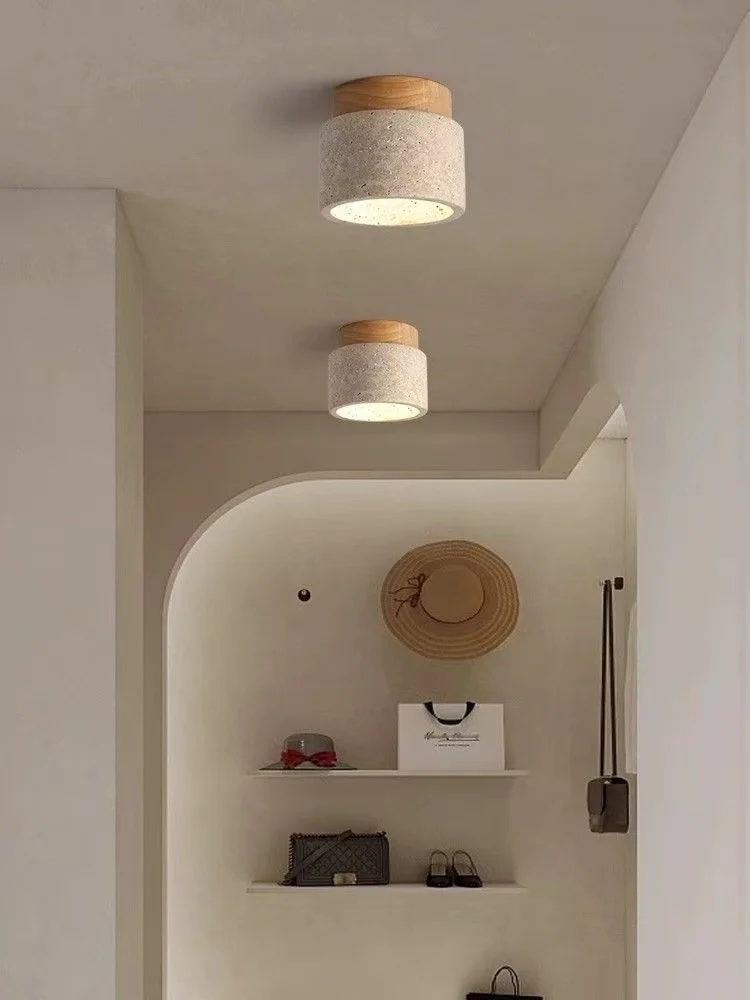 Yellow Travertine LED Ceiling Lamp Japanese Wooden Downlight Round Wood Light for Living Room Corridor Porch Balcony