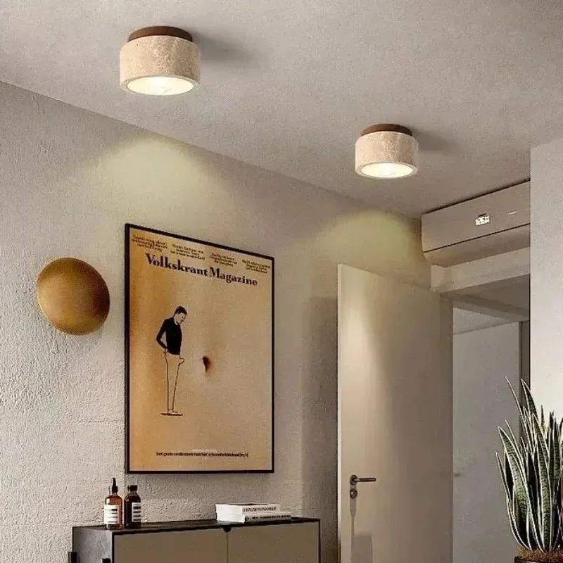 Yellow Travertine LED Ceiling Lamp Japanese Wooden Downlight Round Wood Light for Living Room Corridor Porch Balcony