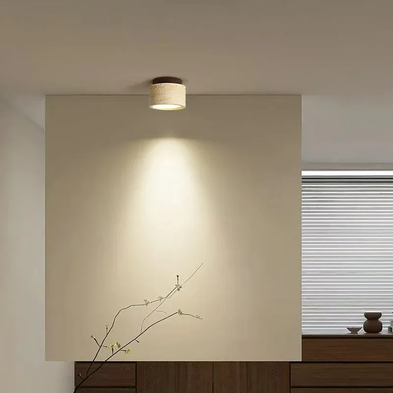 Yellow Travertine LED Ceiling Lamp Japanese Wooden Downlight Round Wood Light for Living Room Corridor Porch Balcony
