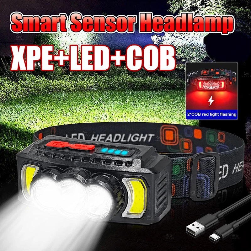 2000M SOS Super Power Headlamp USB Rechargeable LED Head Flashlight For Camping Red Flashing Safety Emergency Light Rechargeable