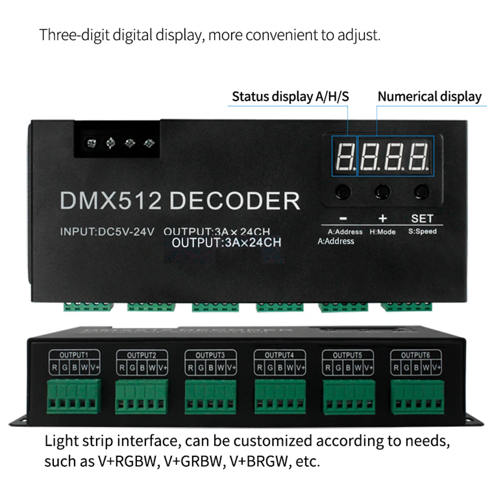 CENFAYA LED DMX 24CH Digital Display Decoder Dimming Driver LED DMX512 Controller for RGBW Strip Light DC5-24V 3A/CH Stage Light