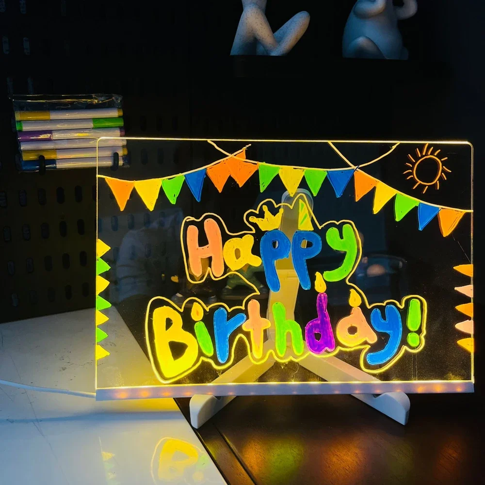 LED Note Board DIY Acrylic Night Light 7 Pens Drawing Board Rechargeable RGB Erasable Painting Drawing Boards Kids Birthday Gift