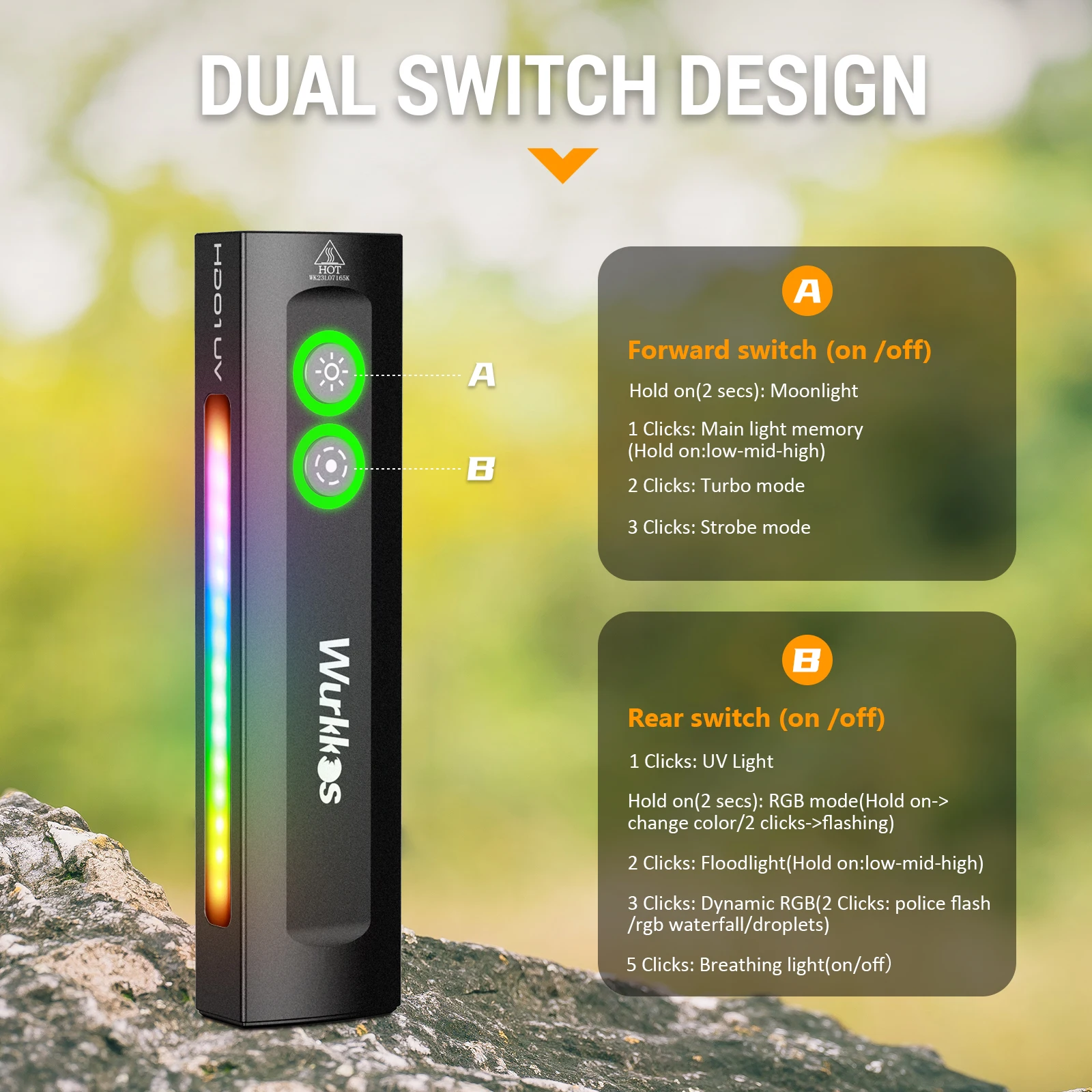 Wurkkos HD01 UV Multifunctional EDC Flashlight 1200 Lumens with 365nm UV Light White Flood Light 90CRI Side RGB Lights Torch