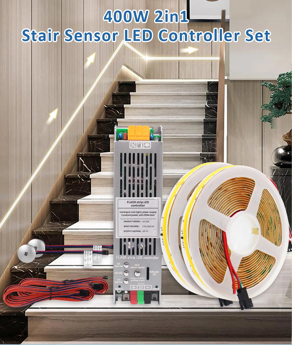 5M 10M 15M WS2811 COB Running Water Strip Light for 24V 400W PIR Motion Sensor LED Stair Controller Staircase Lighting Decor