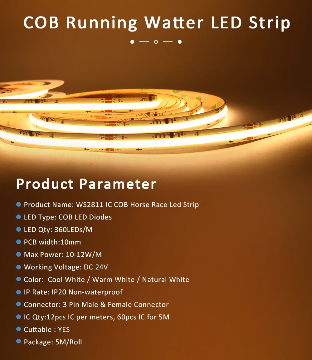 5M 10M 15M WS2811 COB Running Water Strip Light for 24V 400W PIR Motion Sensor LED Stair Controller Staircase Lighting Decor