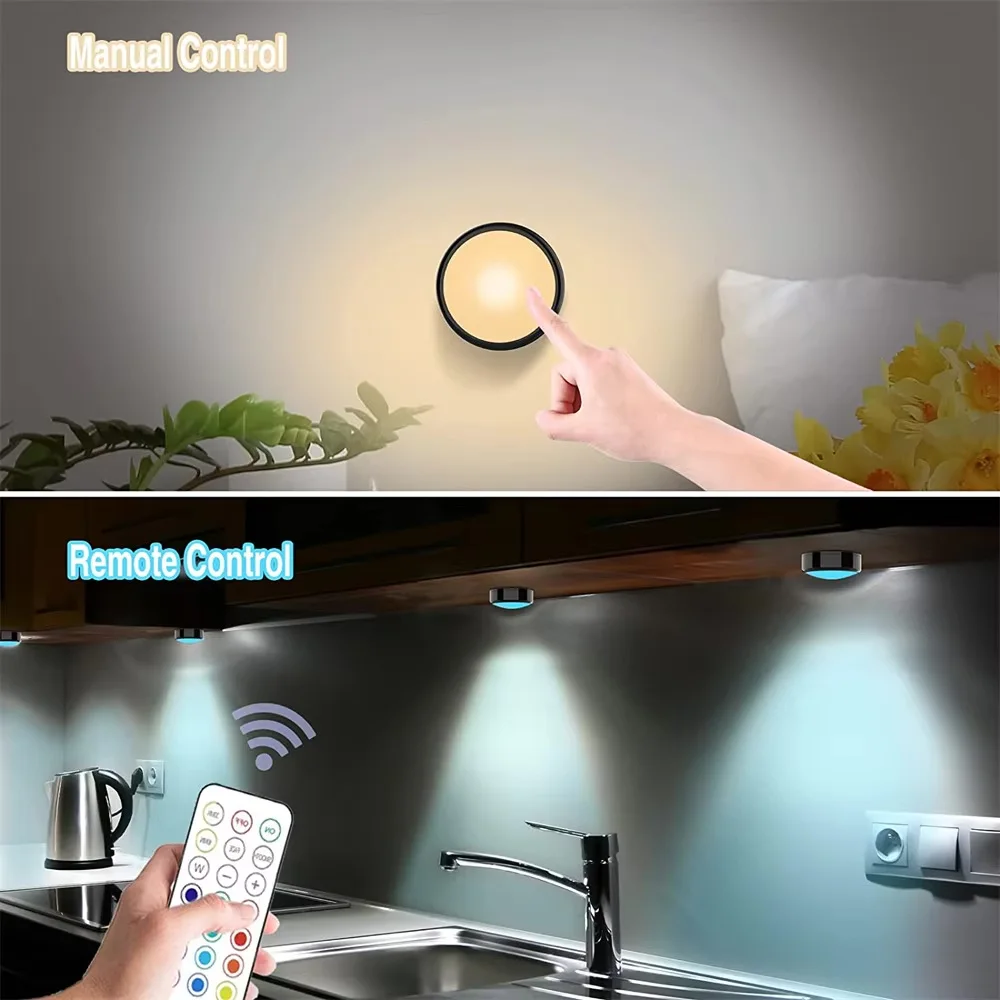RGBW LED Puck Night Lights Remote Control Dimmable Under Cabinet Light Battery Operated Wireless Push Lamp Kitchen Closet