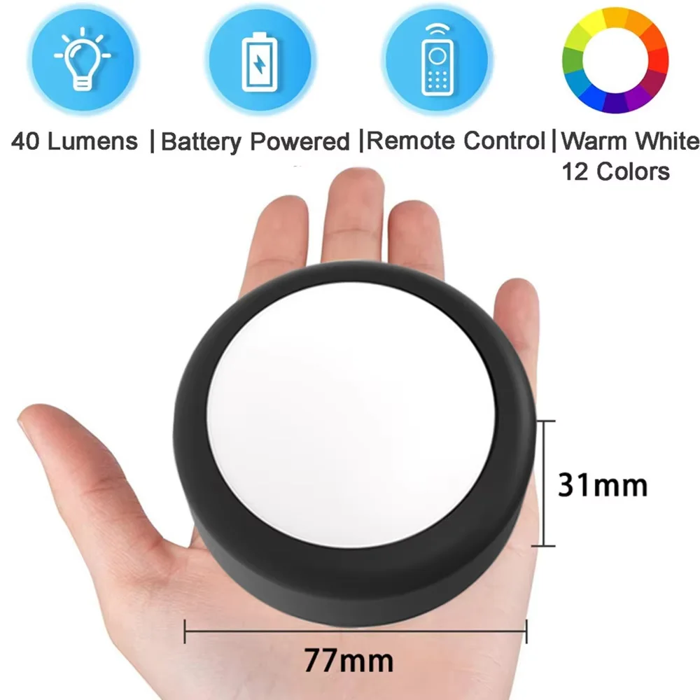 RGBW LED Puck Night Lights Remote Control Dimmable Under Cabinet Light Battery Operated Wireless Push Lamp Kitchen Closet