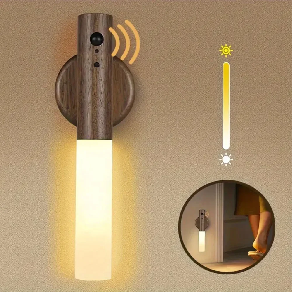 Magnetic Wall Sconces Light Motion Sensor Rechargeable no wiring Lights Wooden For Home Room Decor Bedroom Stair Night Lighting