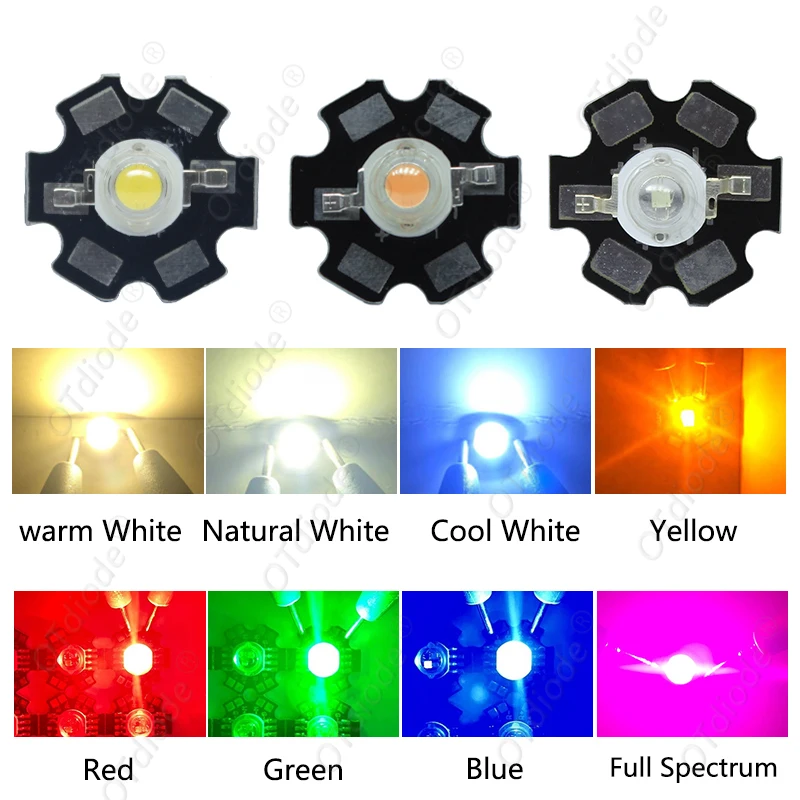100pcs 1W 3W High Power led Diode Cold Warm White RGB UV 395nm Deep Red Green Royal Blue 450nm 660nm Pink LED with 20mm Star pcb