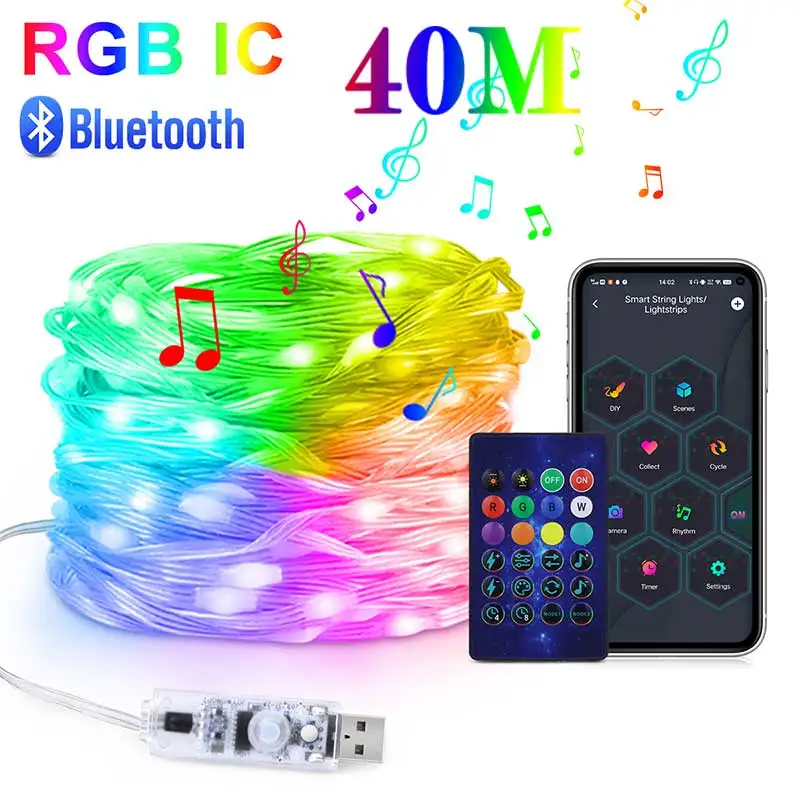 40M RGBIC LED String WS2812B Bluetooth USB Music Dream Color Light 5V Christmas Birthday Party Garland Decor Fairy Lights Home