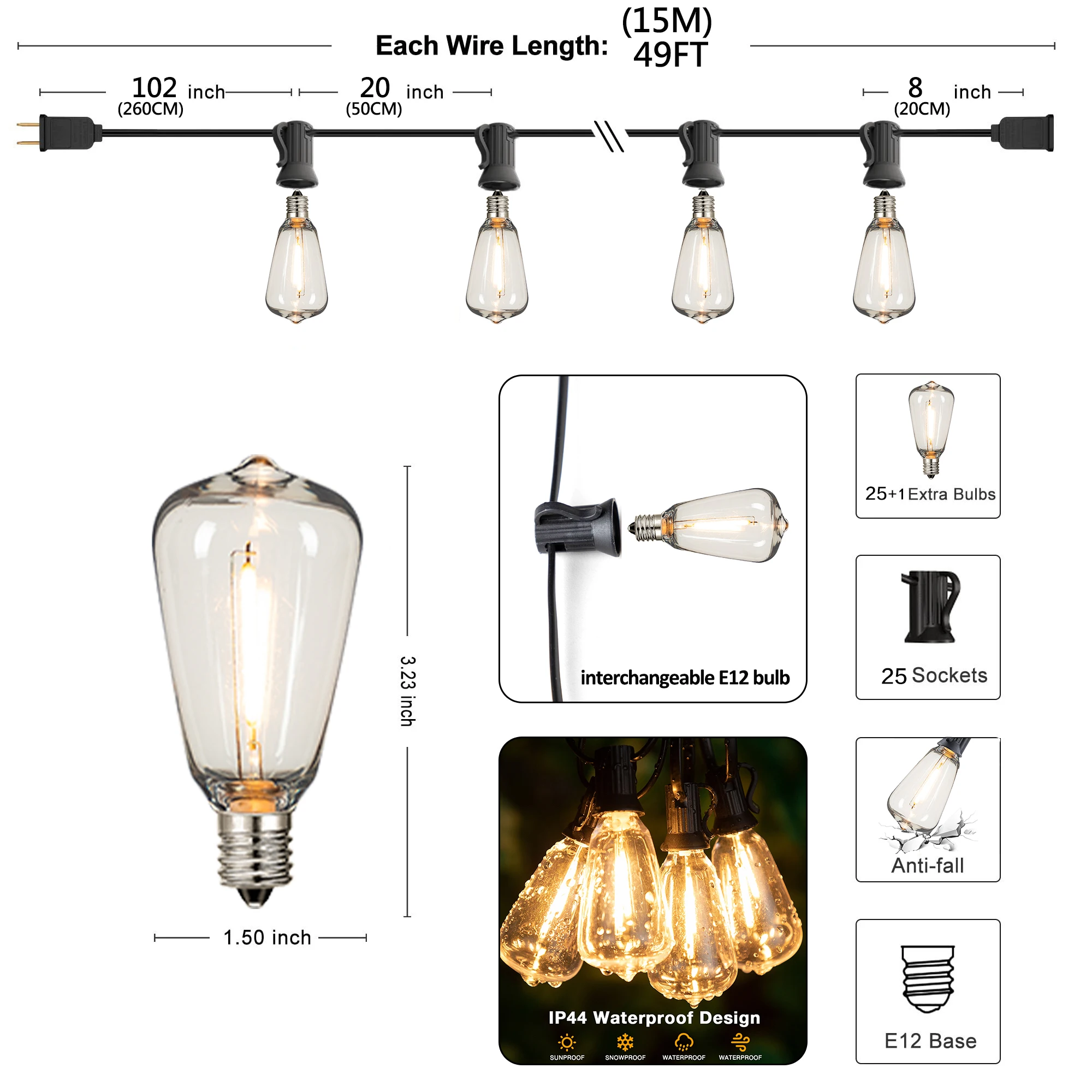 33FT Retro LED Street Garland ST38 EU 7.6M 10M 15M 20M Connectable LED String Lights IP44 Waterproof Outdoor Decoration Bulbs