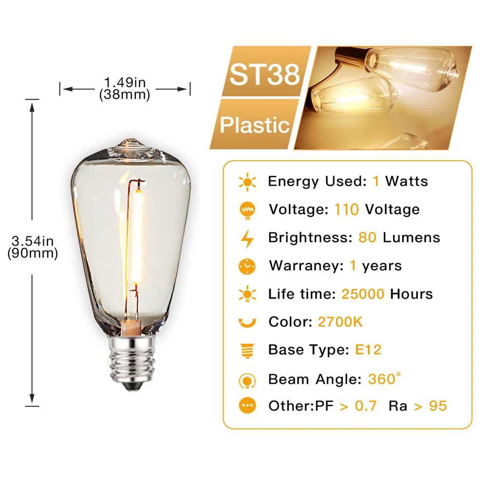 33FT Retro LED Street Garland ST38 EU 7.6M 10M 15M 20M Connectable LED String Lights IP44 Waterproof Outdoor Decoration Bulbs