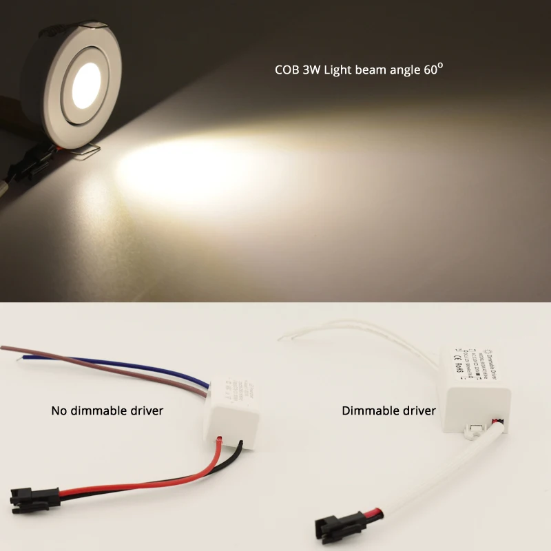 Small Recessed Ceiling LED Spot Light COB 3W 110V 220V Dimmable Driver Included for Home Showcase Cabinet Hotel Skirting Etc