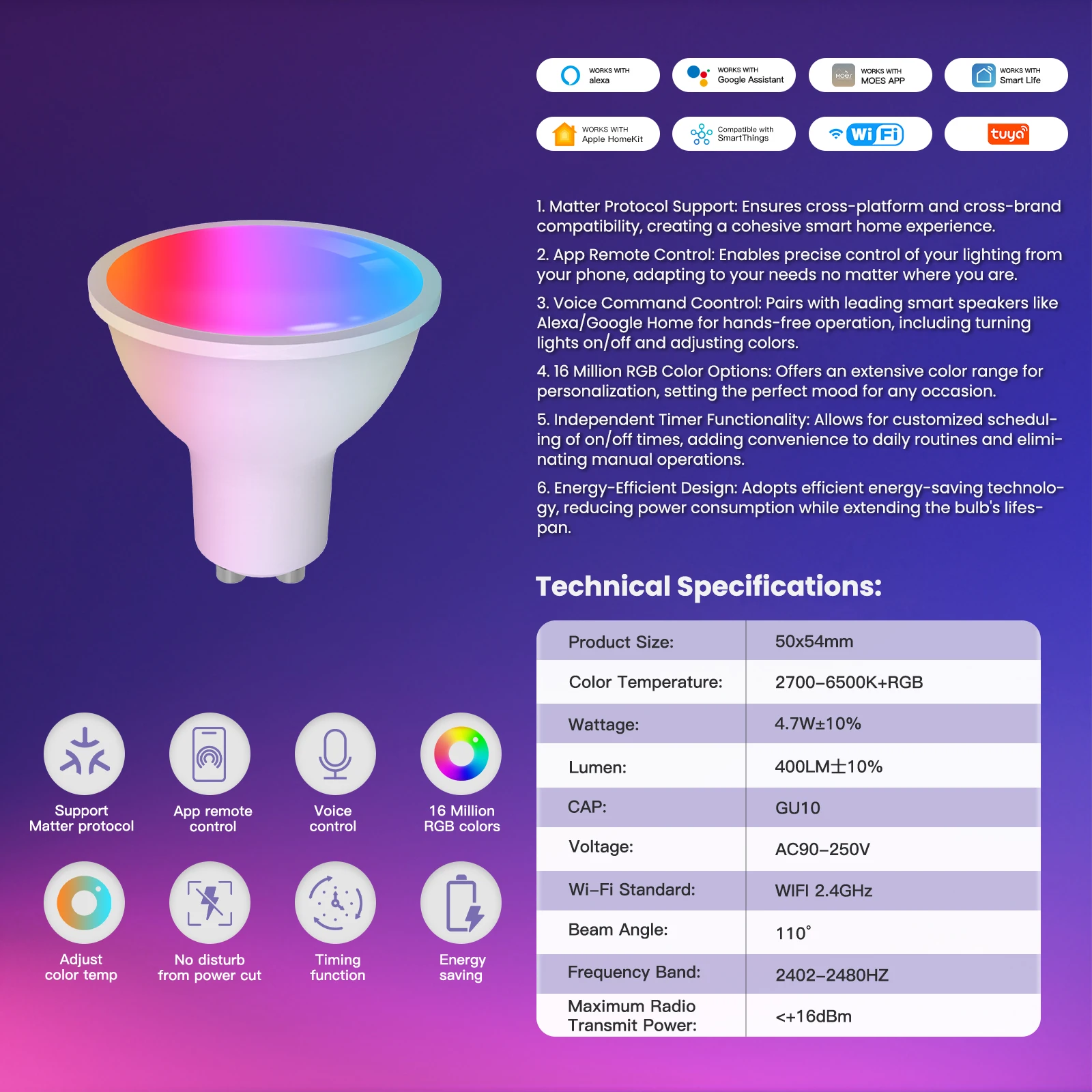 MOES Tuya Matter WiFi GU10 Smart Bulb Dimmable Led Light 16 Million RGB C+W Colors Candle Lamp Voice Control Alexa Google Home