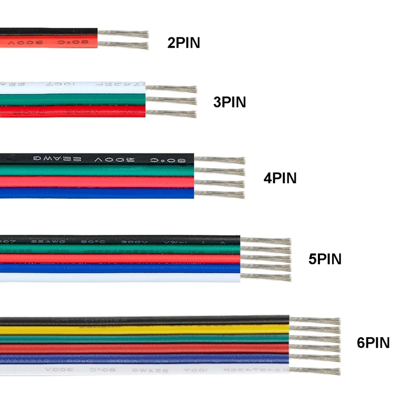 5M-100M RGB Led Connector Cable 22/20/18AWG 2/3/4/5/6Pin Electric Extension Wire for 5050 3528 WS2812B RGBW CCT LED Strip Lights