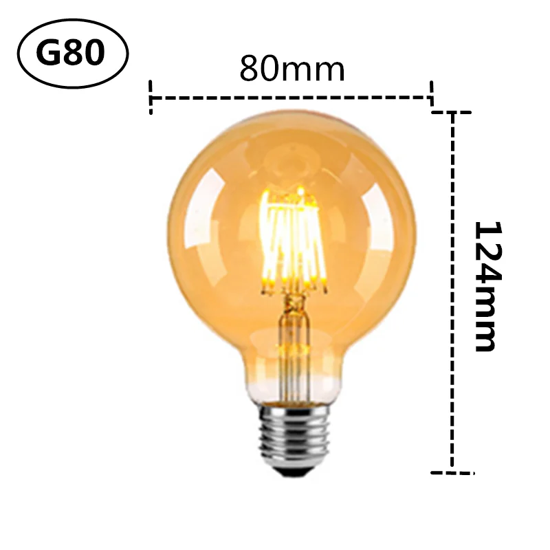 LED Edison Filament Light Retr Bulb Brown Golden T45 G80 G95 G125 4W 8W 2700K  E27 AC 220V 110V Dimmer Restaurant Bedroom