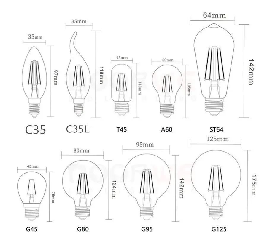 LED Edison Filament Light Retr Bulb Brown Golden T45 G80 G95 G125 4W 8W 2700K  E27 AC 220V 110V Dimmer Restaurant Bedroom