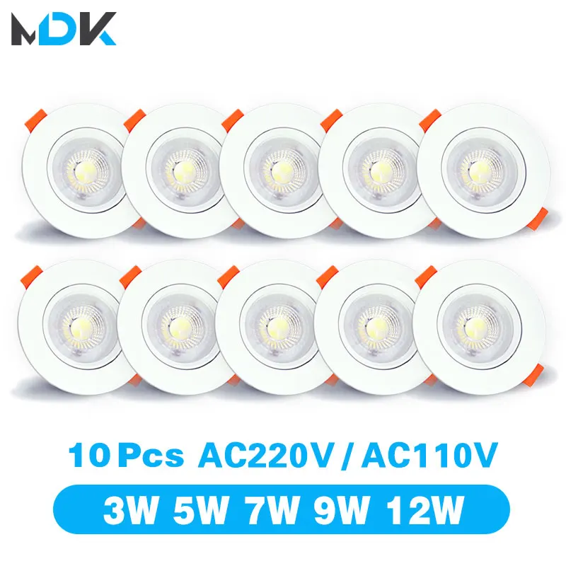 10pcs LED Downlight 5W 7W 9W 12W 3W Angle Adjustable Ceiling Lamp Spotlights Rotating AC220V 110V Indoor Lighting White Color