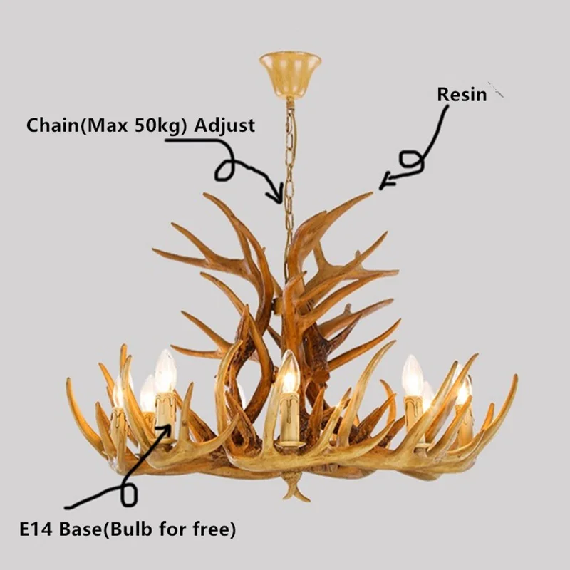 Vintage Deer Chandelier Lighting Retro Antler Chandelier for Living Room Church Lustres Luminaria Resin Deer Horn Hanging Lamp