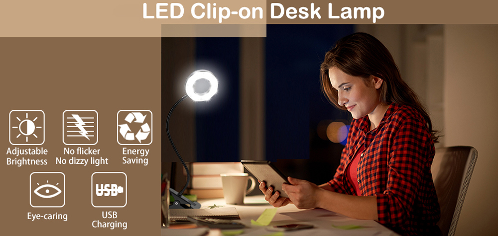 48 LEDs Clip on Desk Lamp 360°Flexible Gooseneck Reading Table Light Eye-Caring USB Clamp Books Night Light Study Read Light
