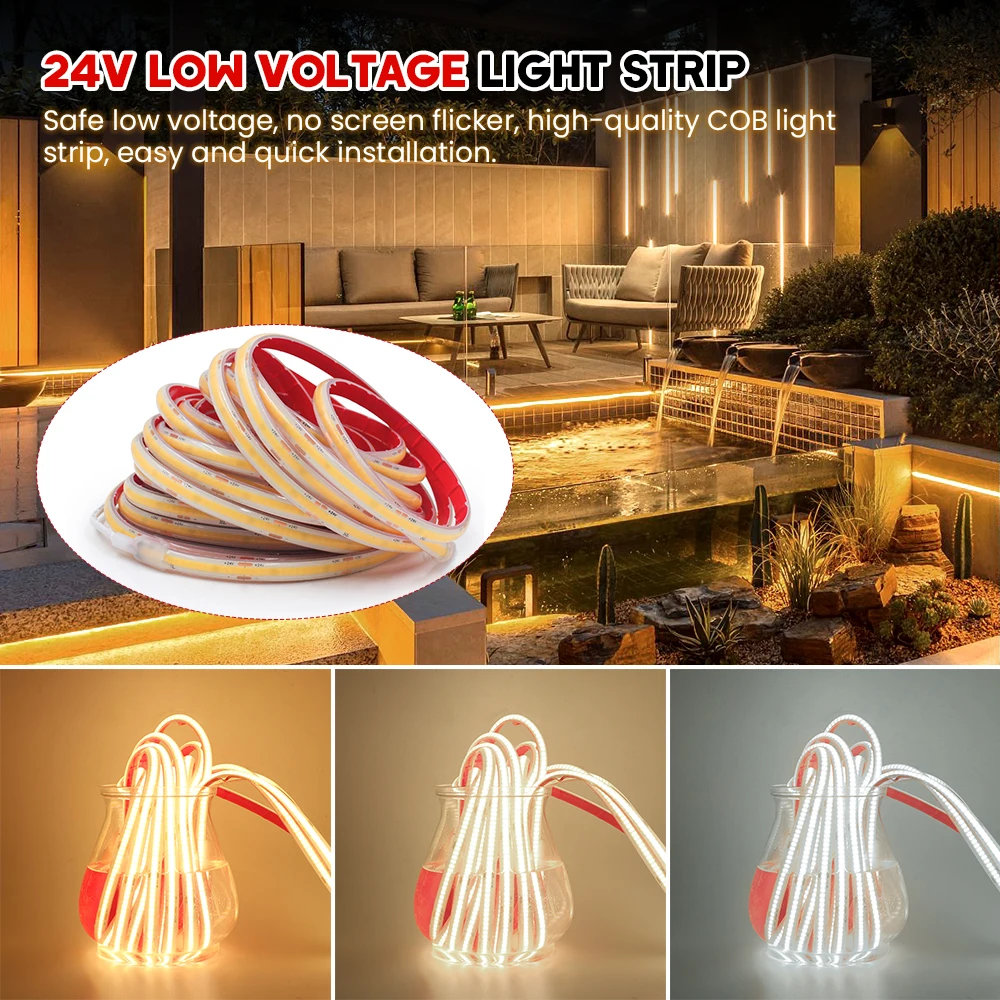 IP68 Waterproof COB Strip 12V 24V 320Leds/M RA90 3000K 4000K 6000K Home Garden Decor Flexible Ribbon Rope LED Light 1M 10M 20M