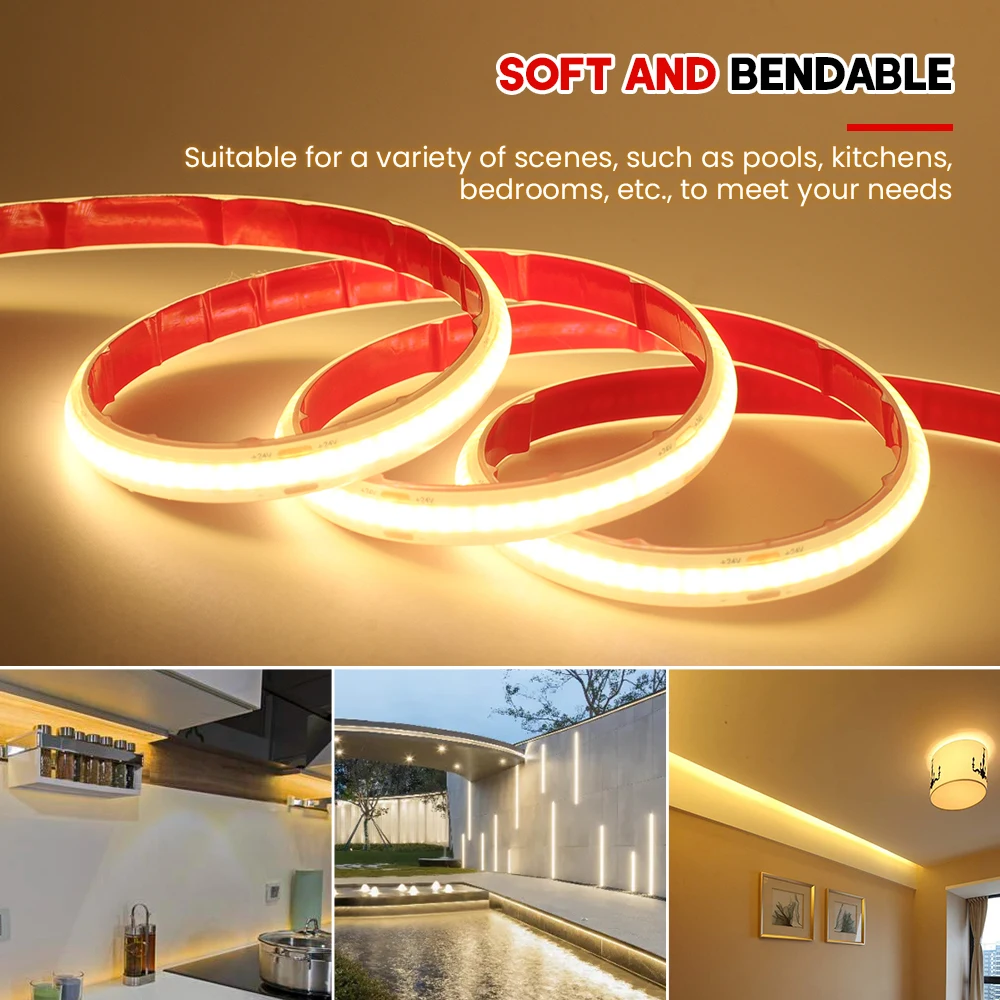 IP68 Waterproof COB Strip 12V 24V 320Leds/M RA90 3000K 4000K 6000K Home Garden Decor Flexible Ribbon Rope LED Light 1M 10M 20M