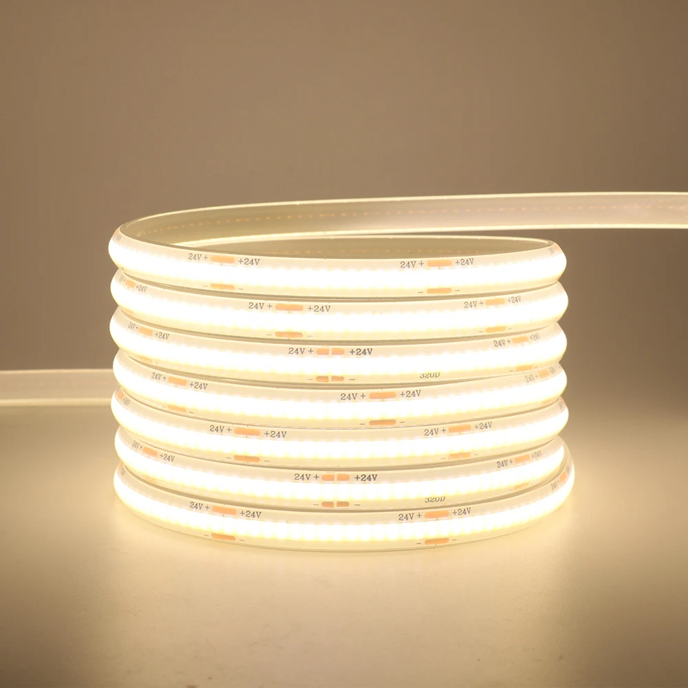 IP68 Waterproof COB Strip 12V 24V 320Leds/M RA90 3000K 4000K 6000K Home Garden Decor Flexible Ribbon Rope LED Light 1M 10M 20M