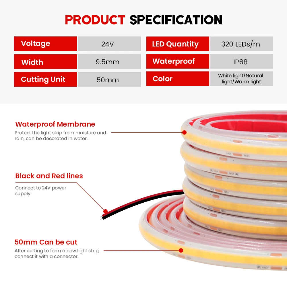 IP68 Waterproof COB Strip 12V 24V 320Leds/M RA90 3000K 4000K 6000K Home Garden Decor Flexible Ribbon Rope LED Light 1M 10M 20M