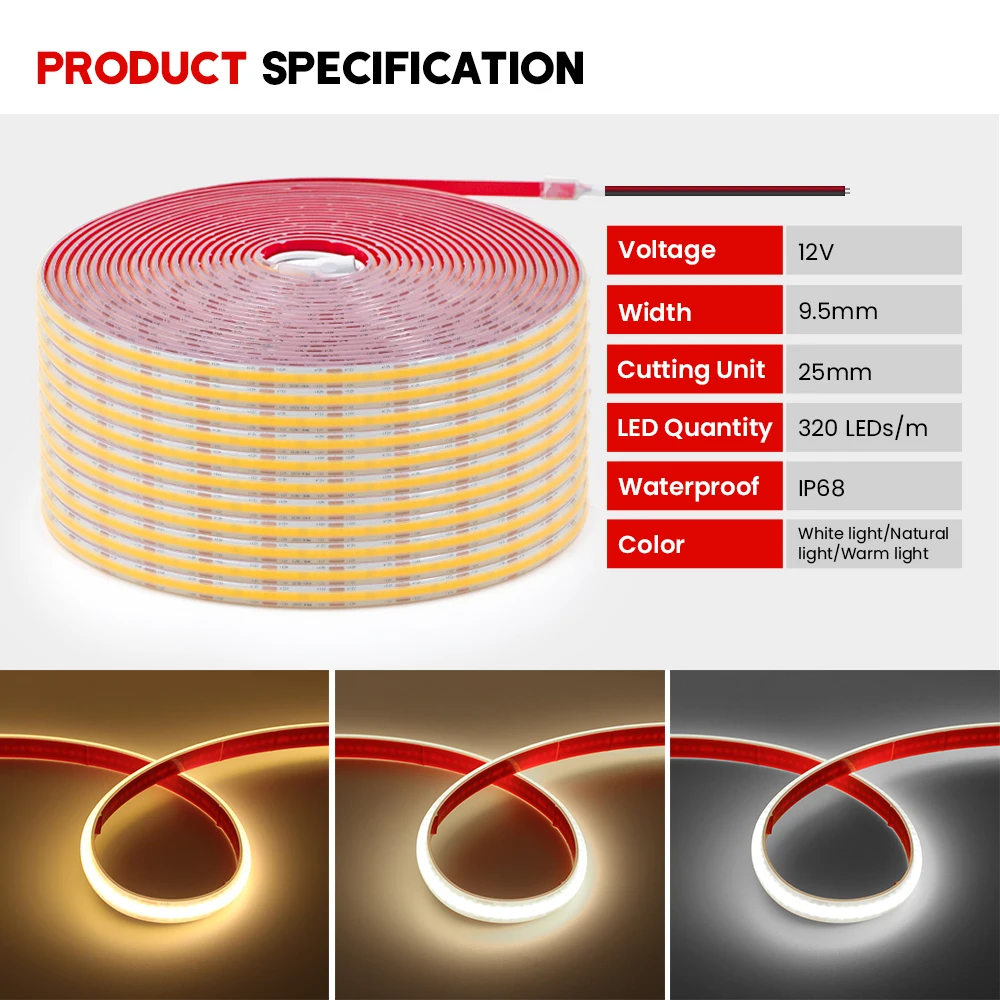 IP68 Waterproof COB Strip 12V 24V 320Leds/M RA90 3000K 4000K 6000K Home Garden Decor Flexible Ribbon Rope LED Light 1M 10M 20M