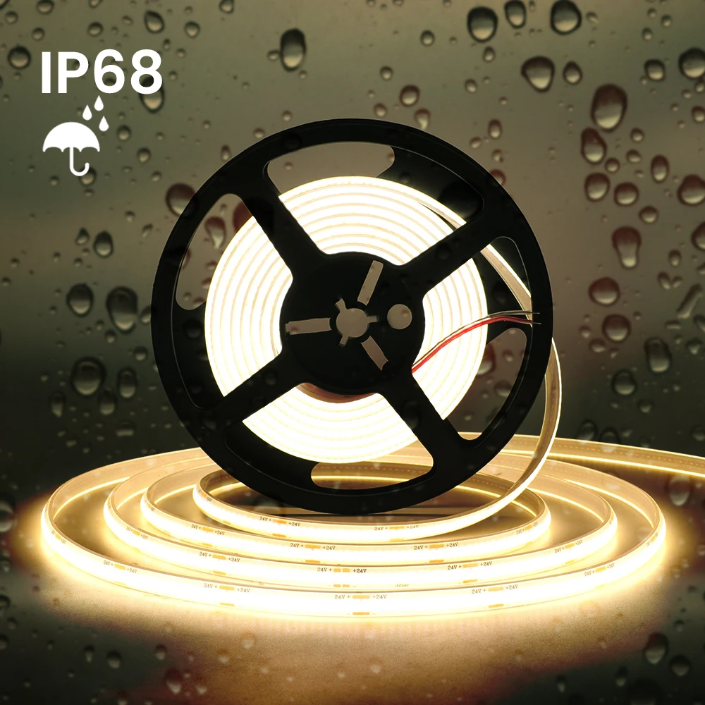 IP68 Waterproof COB Strip 12V 24V 320Leds/M RA90 3000K 4000K 6000K Home Garden Decor Flexible Ribbon Rope LED Light 1M 10M 20M