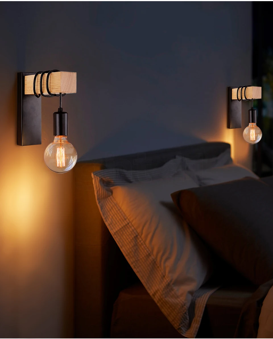 Retro Wood Wall Lamp Vintage Sconce Wall Lights Fixture E27 Indoor Home Decor Dining Room Bedside Lamp Bedroom Lighting