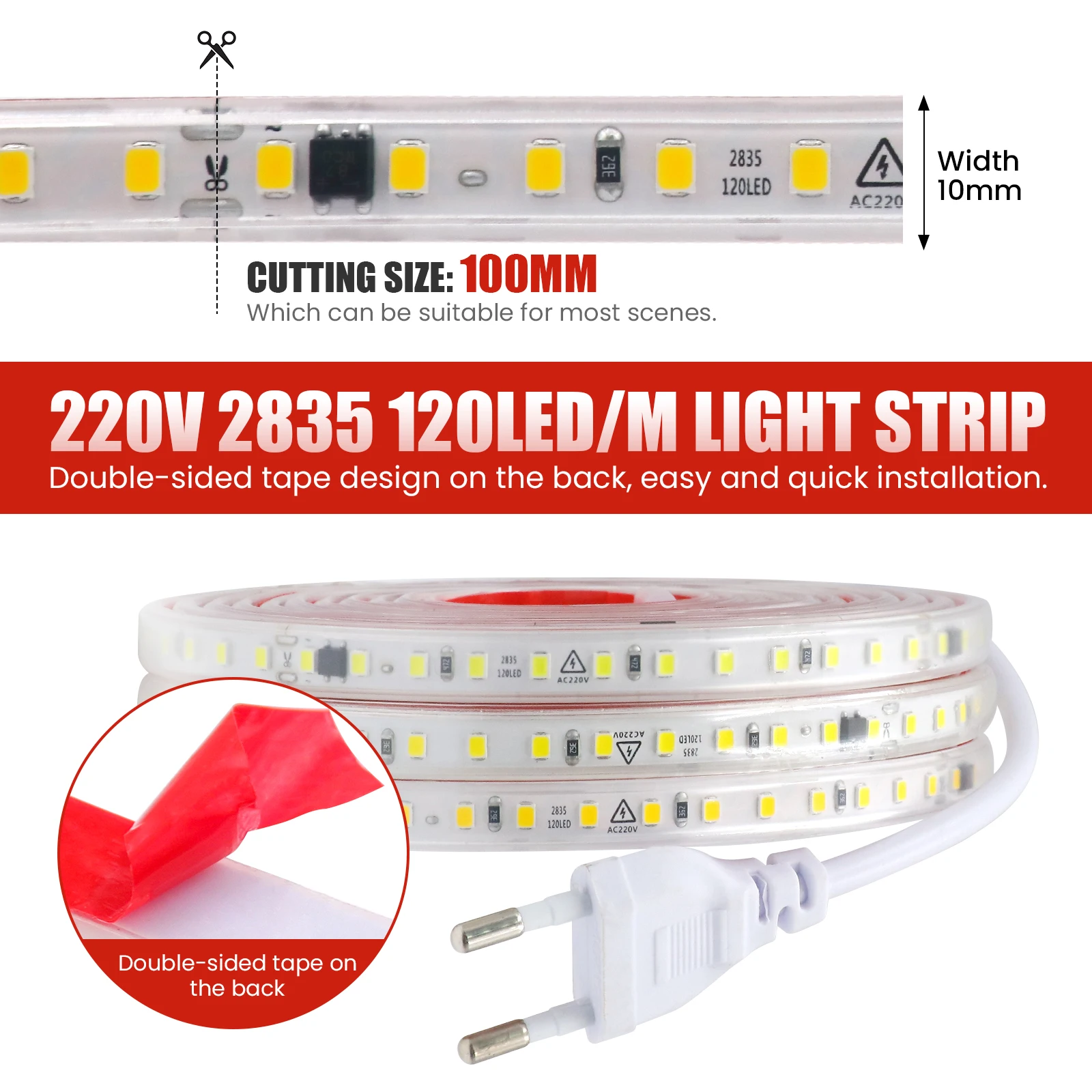 AC 220V 240V LED Strip 3000K 4000K 6000K 120Leds/M Flexible Ribbon Stripe IP65 Waterproof Self Adhesive Tape Strip Chain Light