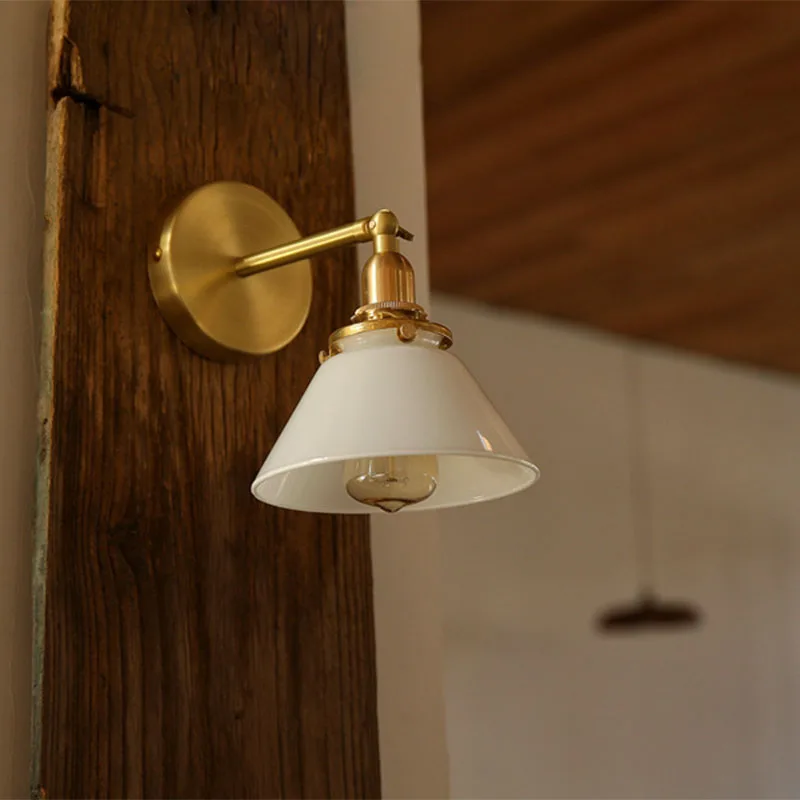 Retro Nordic Simple Bathroom Painting Glass Mirror Headlight Japanese Bed Yellow Bronze Wall Lamp